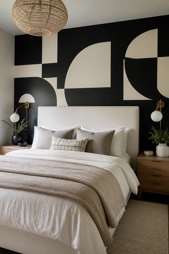 Black geometric wall mural with off-white shapes behind a bed