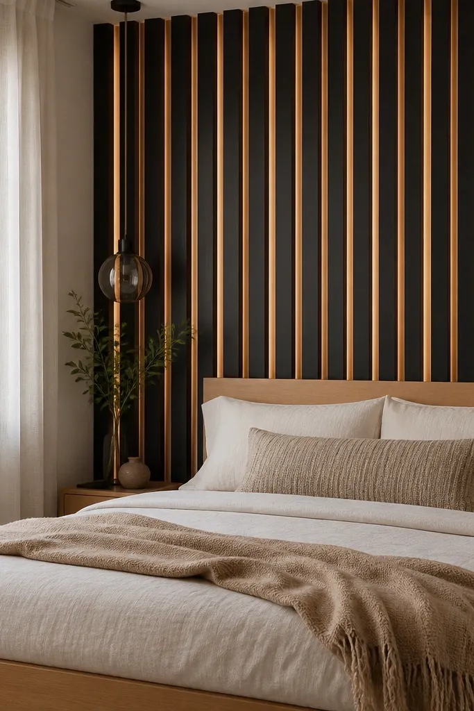 Black slat wall with light oak backing behind a bed