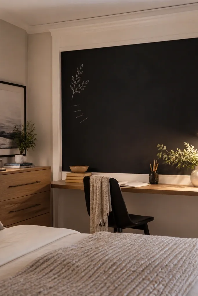 Black chalkboard wall section framed in white trim behind a bed