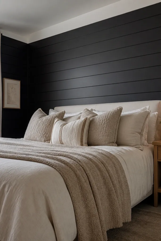 Black shiplap accent wall with a crisp white line near the ceiling behind a bed