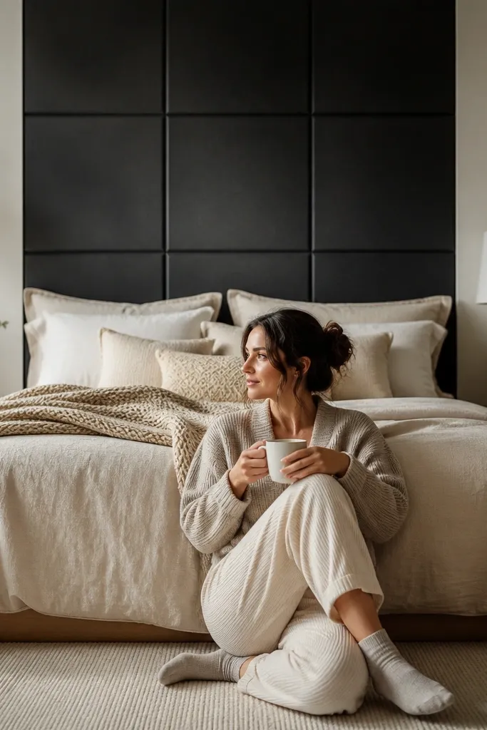 Black leather-look wall panel rectangle behind a bed with white bedding