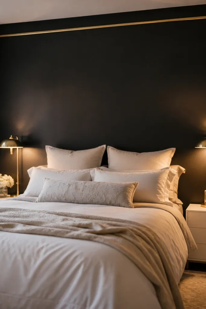 Black accent wall with thin gold border lines behind a bed