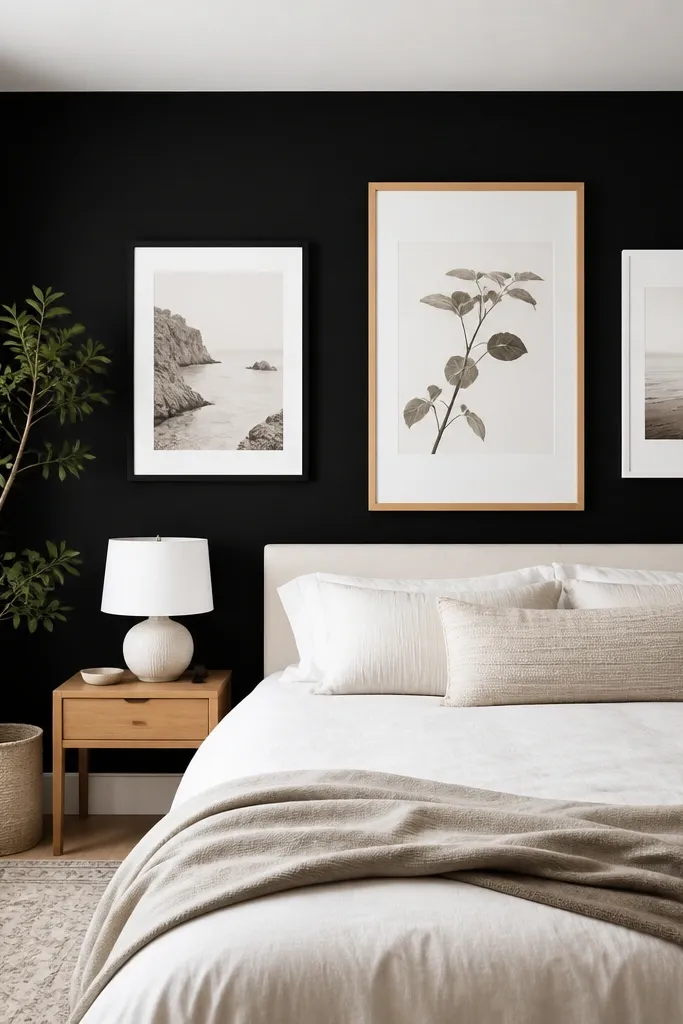 Black backdrop gallery wall with oversized framed prints behind a bed