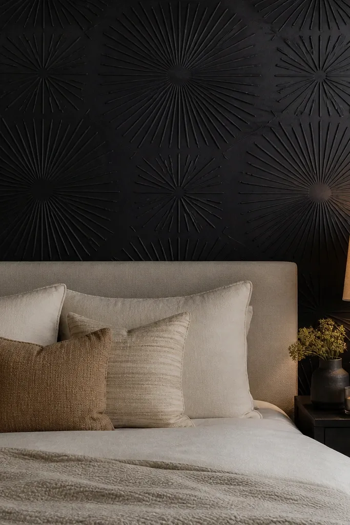Black accent wall with subtle starburst texture behind a bed
