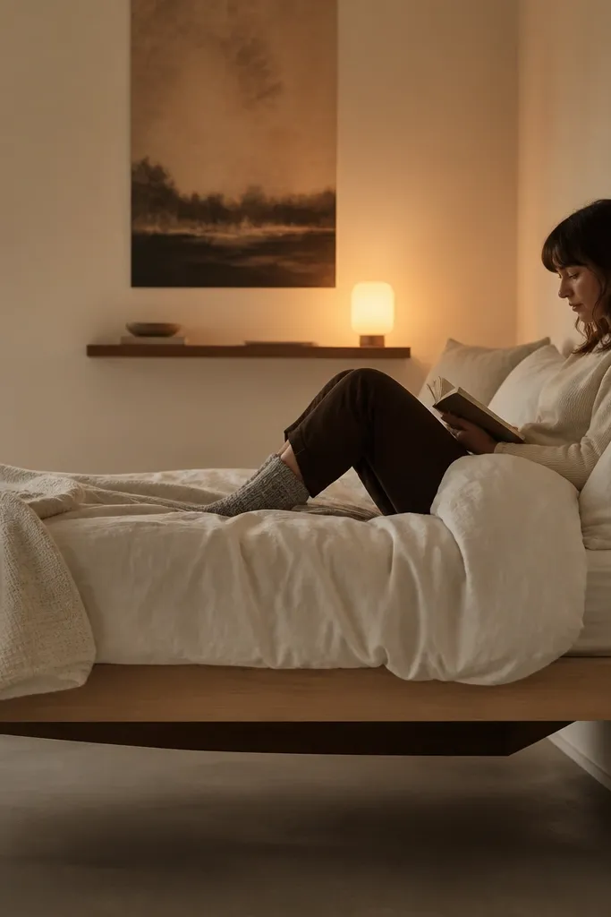 Low bed against a wall with two small shelves and a lamp on the side