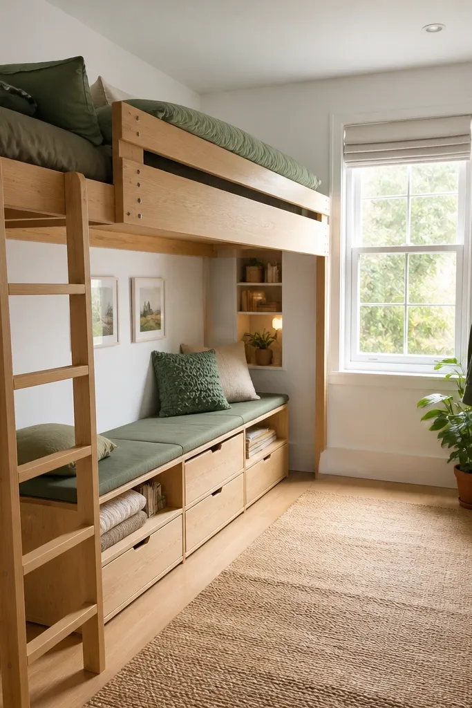 Loft-style bed in a corner with a bench and drawers beneath