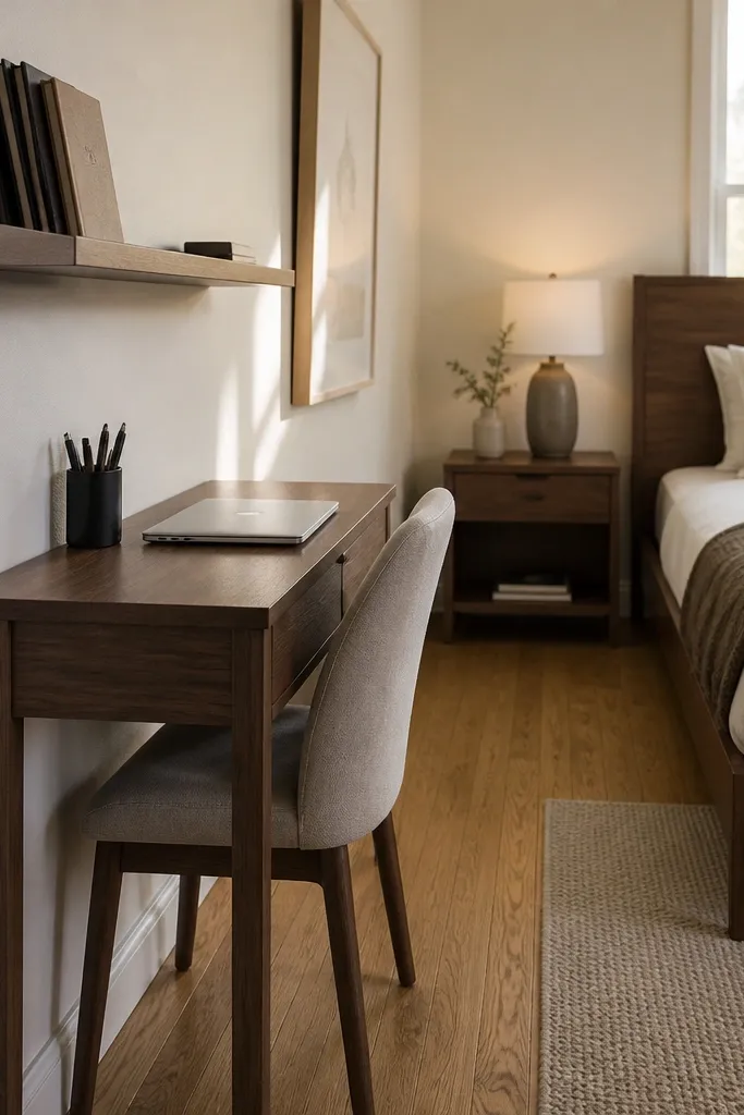 Narrow desk along a wall with a small chair tucked in and a wall shelf above