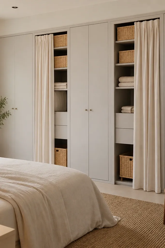 Curtained wardrobe wall with labeled baskets and a small mirror nearby