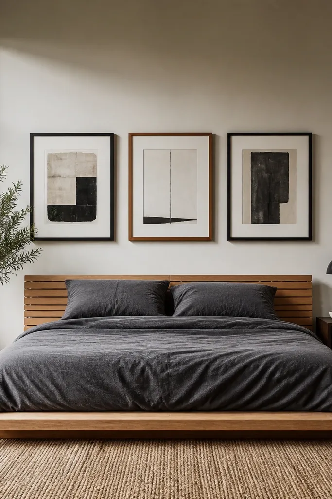 Low bed with a gallery of frames above and a single floor lamp
