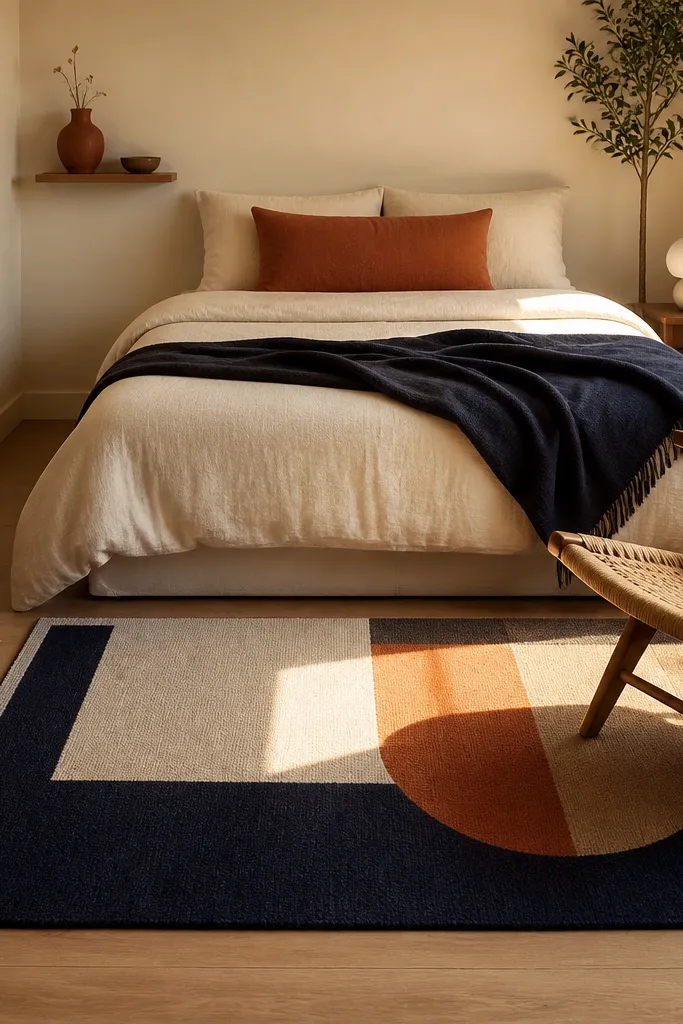 Small patterned rug under bed with matching pillows and a solid accent throw
