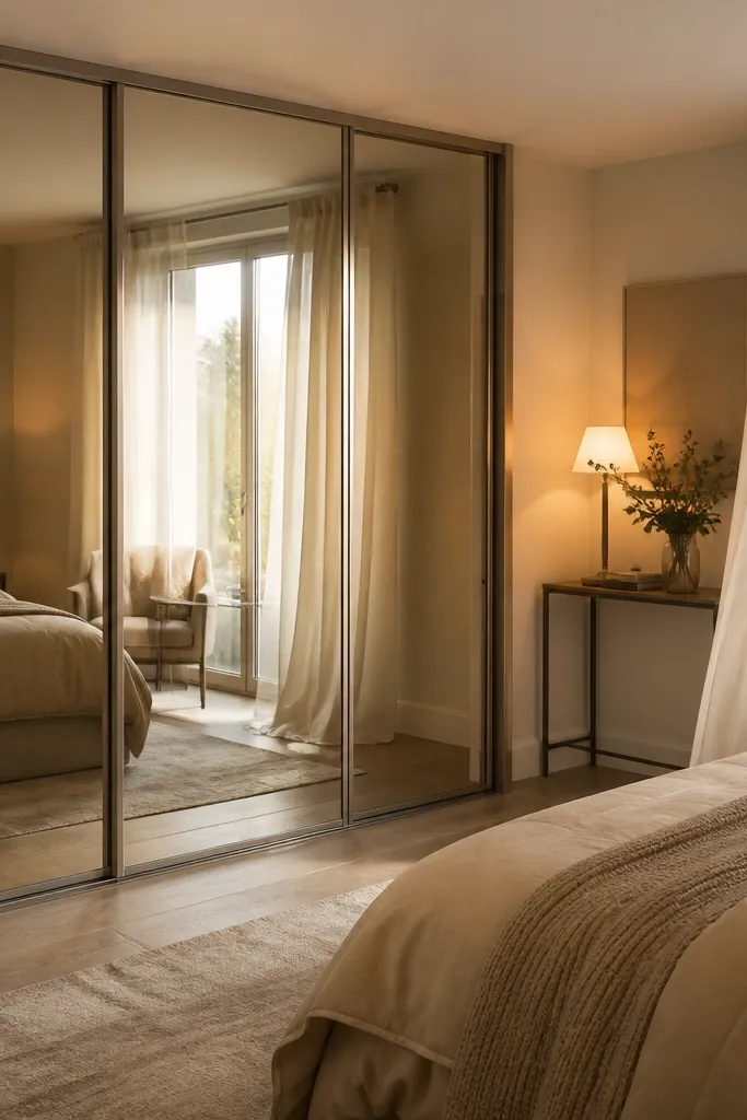 Mirrored wardrobe wall with sheer curtains and warm lamp lighting