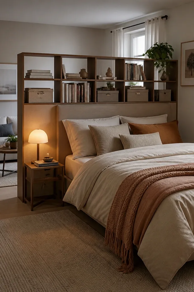 Bed with a slim bookcase behind it and a small reading lamp on the side