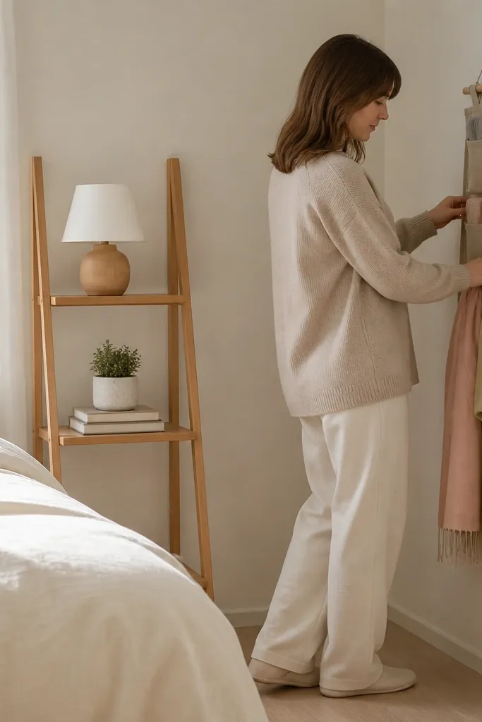 Tall ladder shelf beside bed with a small hanging organizer and warm lamp