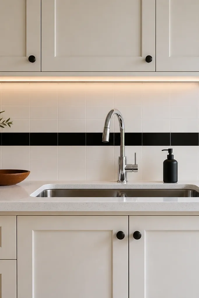 Cream cabinets with black backsplash stripe above a light counter and brass hardware