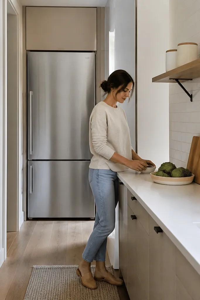 Two counter sides with a tall fridge wall and a small floating shelf above the galley
