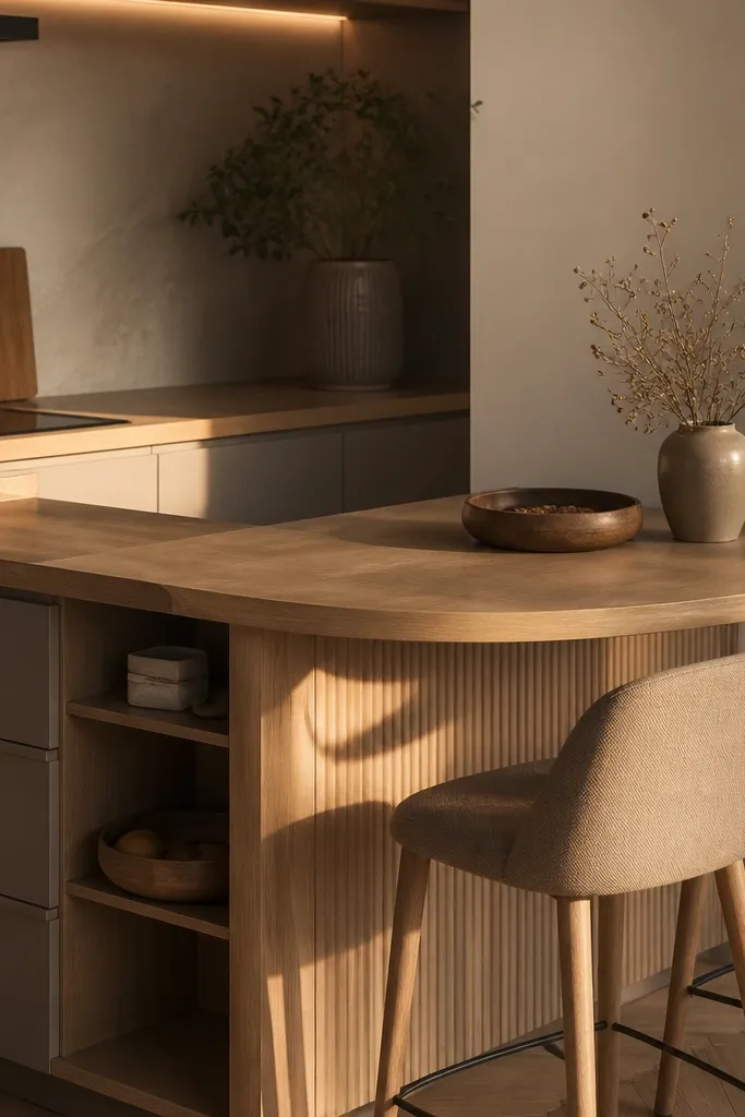 L-shaped corner counter with a rounded bar and two stools in a small kitchen