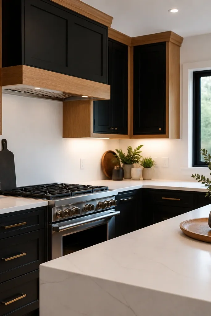 Matte black cabinets with warm oak trim and a white stone counter