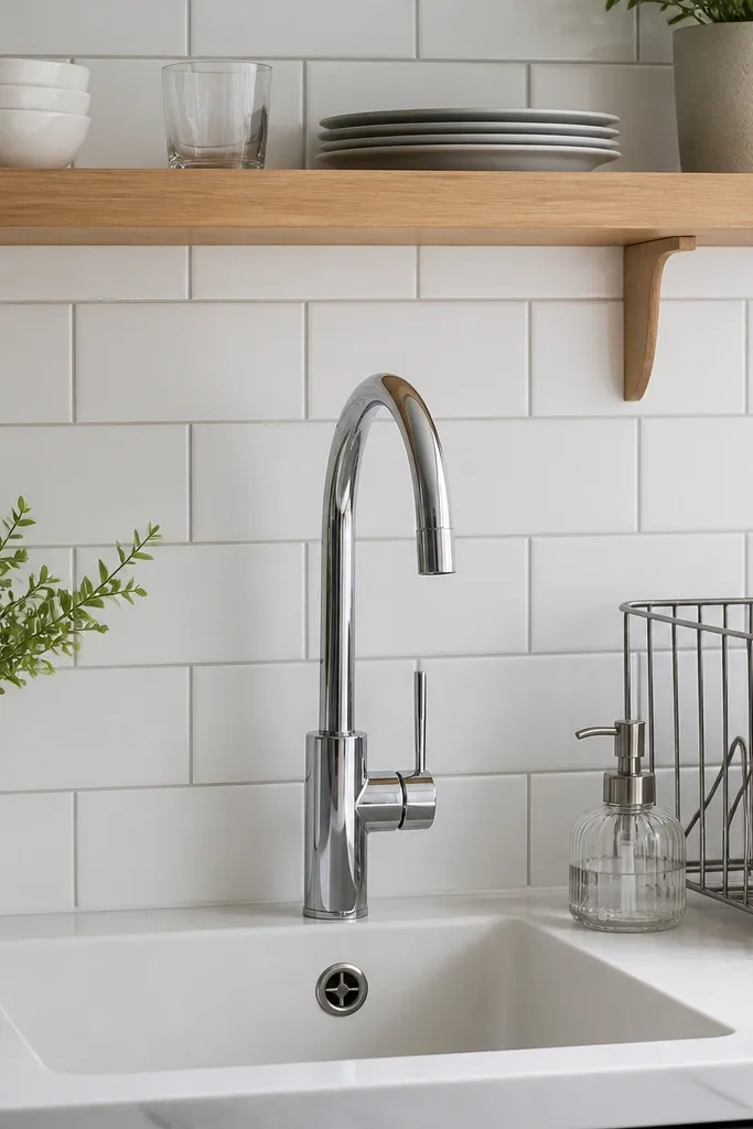 White subway backsplash above a sink with an open drying rack and light counters
