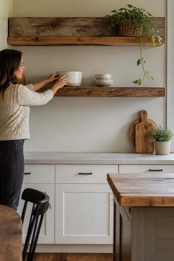 Matte white cabinets with rustic wood open shelves and one hanging plant
