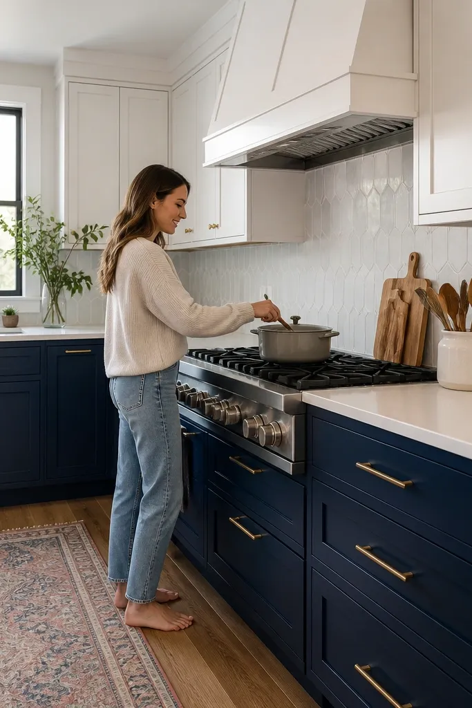 White upper cabinets and navy lower cabinets with a light countertop