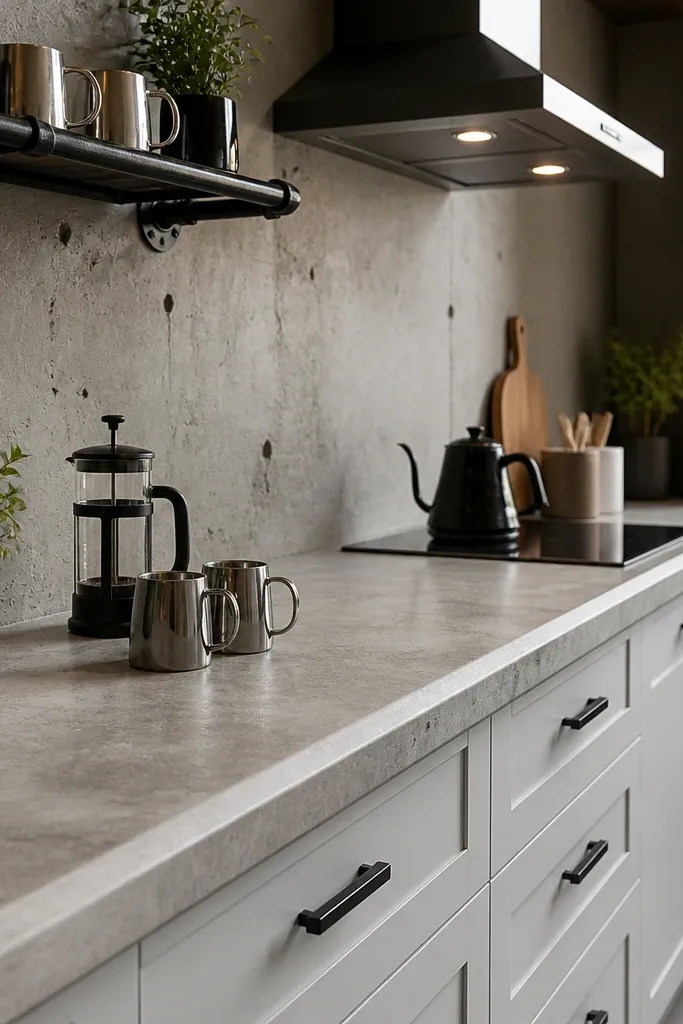 Concrete-look counters with a black pipe shelf holding jars and mugs