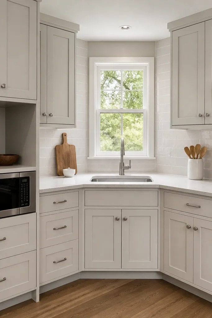 U-shaped compact kitchen with corner sink and microwave drawer stack