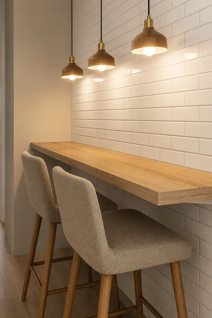 Breakfast bar along a wall with three pendants and white subway backsplash