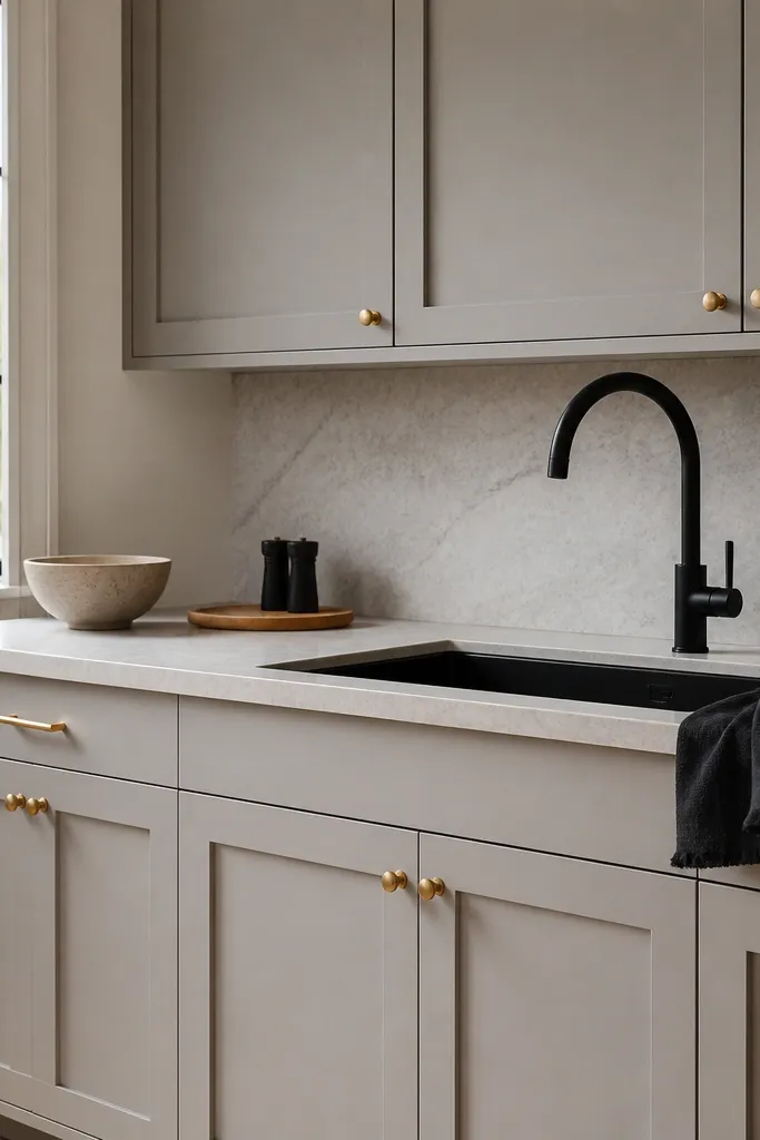 Gray cabinets with warm brass pulls and small matte black decor accents