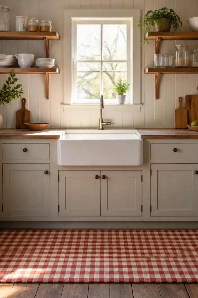 Farmhouse-style sink under open shelving with a gingham runner on the floor