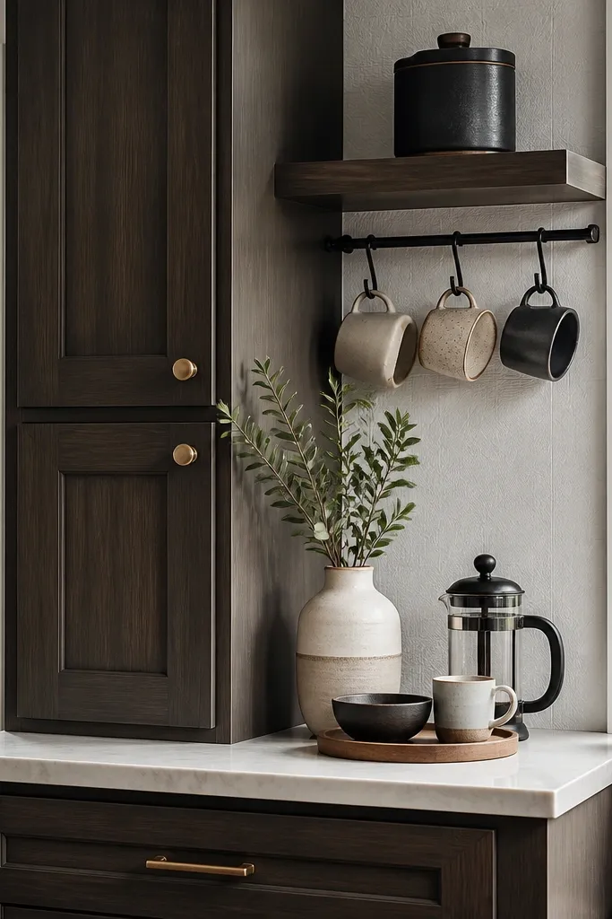 Coffee corner with a tall cabinet, mug rail, small counter items, and light backsplash
