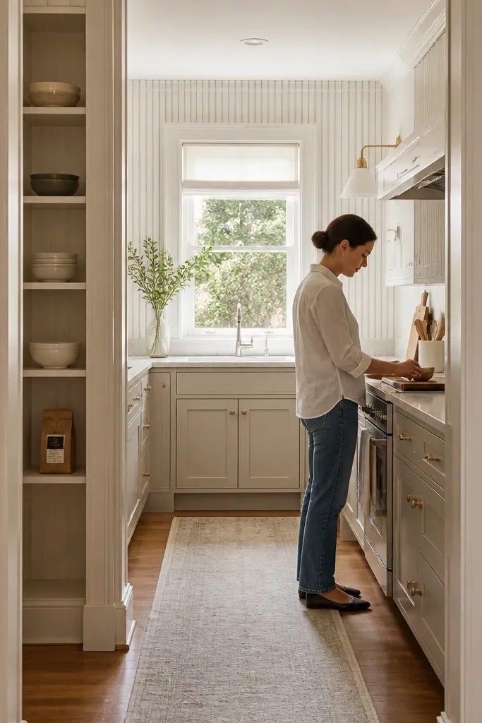 Narrow kitchen with vertical stripes on one wall and a slim open pantry shelf