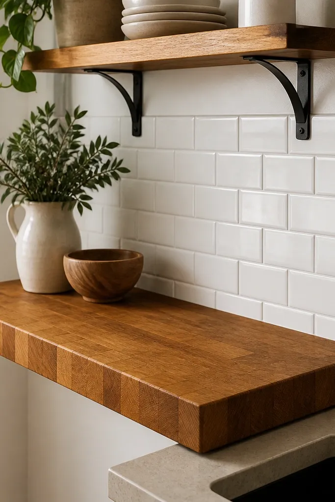 A narrow butcher block countertop mounted under a short wall shelf, with two black metal brackets. The wood is honey-toned with visible end grain at the front edge. A small backsplash in white subway tile sits behind it, and a single matte black faucet peeks at the side.