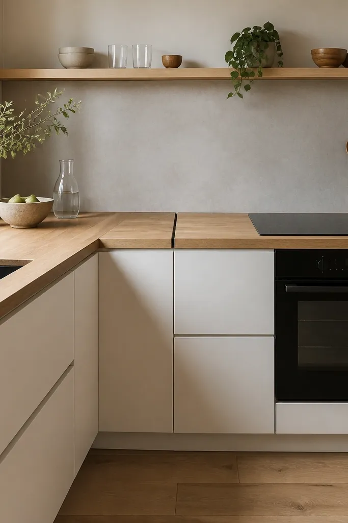 A compact L-shaped kitchen with a light walnut butcher block top. The only seam is placed exactly at the inner corner, with a dark wood filler strip. Cabinet fronts are matte off-white, and the backsplash is a simple light gray slab.