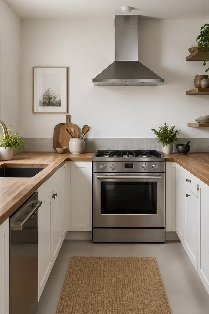 A small U-shaped kitchen with a butcher block top showing vertical grain. The edge is a rounded bullnose with a smooth matte finish. Stainless appliances sit against white walls, and the backsplash is a narrow strip of light gray tile.