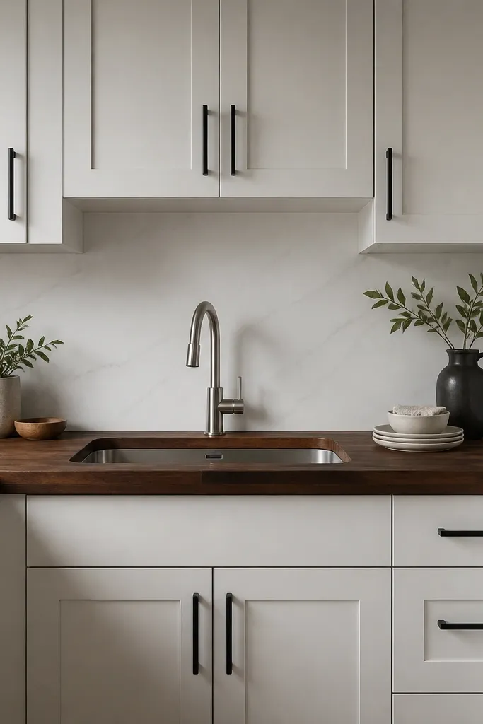 A compact kitchen where dark walnut butcher block runs under white cabinets. Behind it is a crisp white quartz backsplash with a straight seam. Black bar pulls and a brushed nickel sink create a cool contrast.