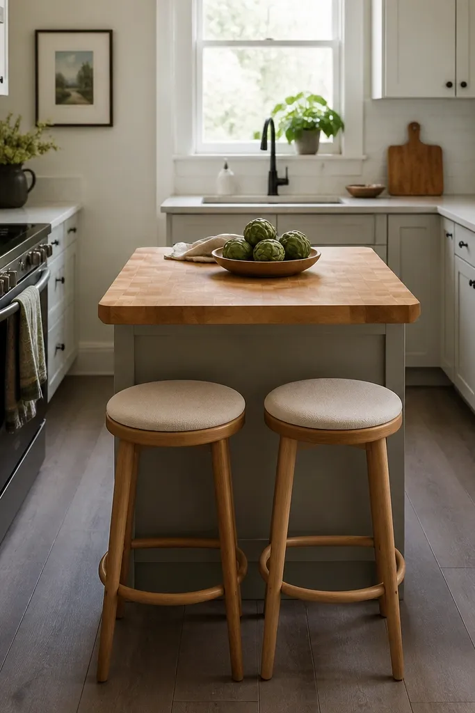 A tiny kitchen with a small butcher block island pushed into the center. Two stools with light wood legs sit on one side. The island top has a chamfered edge, and the floor is a warm gray laminate.