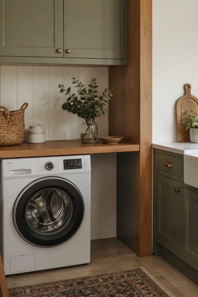 A small laundry-kitchen hybrid where the washer sits under cabinets. A butcher block countertop extends over the niche like a bar. The wood matches the cabinet trim, and the backsplash is a simple white shaker panel.