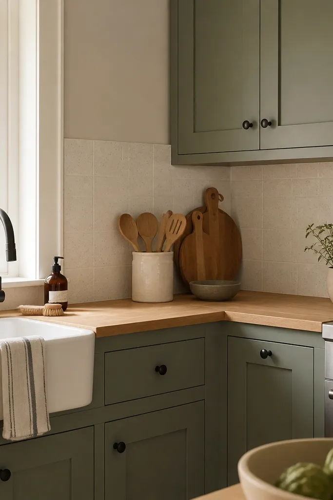 A small kitchen with light oak butcher block under sage green cabinet doors. The backsplash is warm white ceramic tile with tiny speckles. The faucet is matte black, and the window trim is off-white.