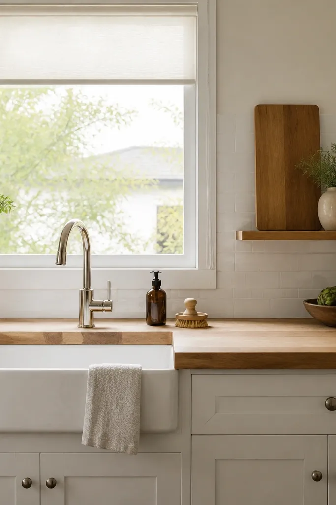 A sink wall with butcher block countertop. Beside the sink, there's a narrow wall shelf holding a flat wooden cutting board that matches the countertop color. The backsplash is white tile, and the window above has a simple roller shade.