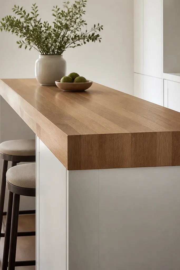 A narrow counter with a butcher block top that drops down a few inches on the front face like a waterfall. The rest of the cabinets are white. The front face has a smooth sealed finish and clean straight lines.