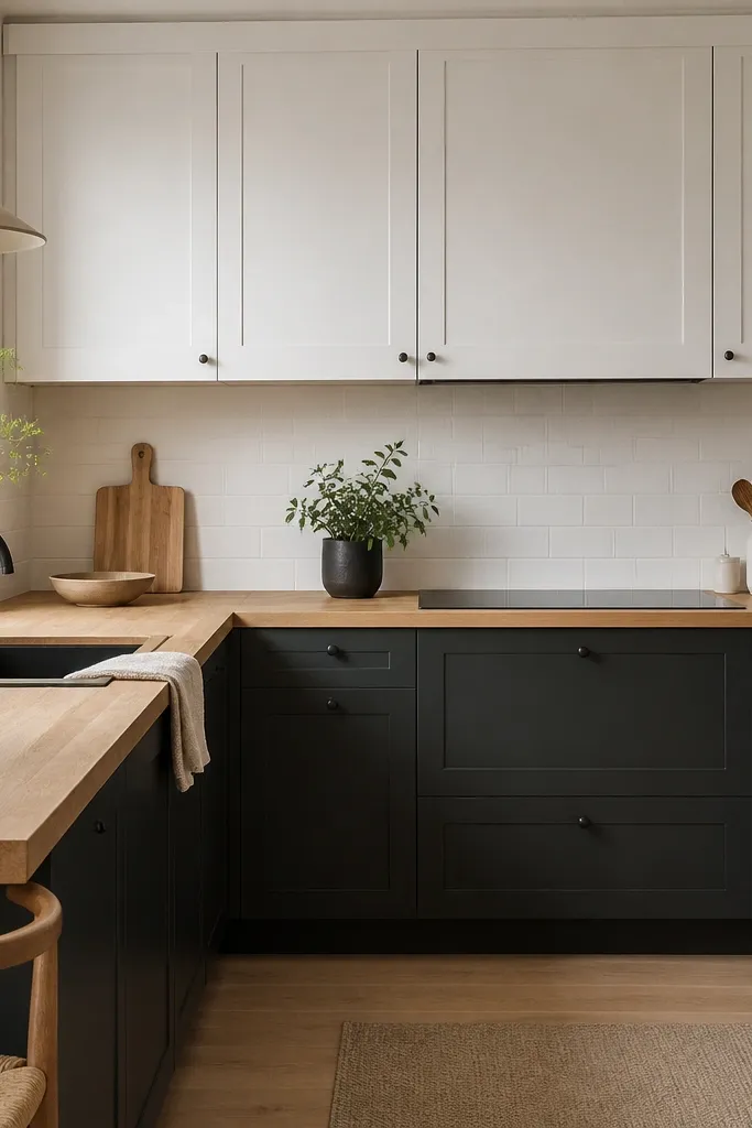 A small kitchen where the cabinets under the counter are dark charcoal, but the upper cabinets are white. The butcher block countertop is light and honey-colored, with a matte finish. The backsplash is white and the floor is light wood.