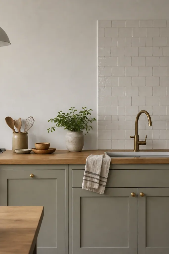 A small kitchen with plain painted wall behind most of the counter. Only the section behind the sink has a small-format tile backsplash in white. The butcher block countertop runs across and has a simple eased edge.