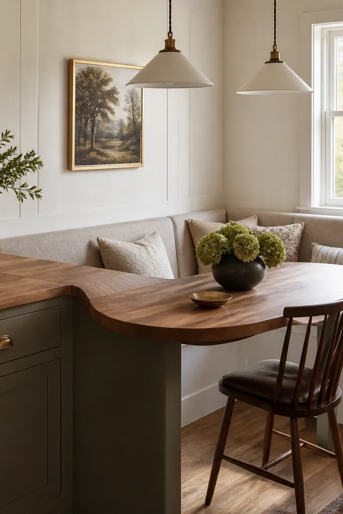 A corner eating nook where the butcher block counter turns the corner with a rounded overhang. Two pendant lights hang above. The edge is rounded and smooth, and the nook seats are upholstered in light linen.