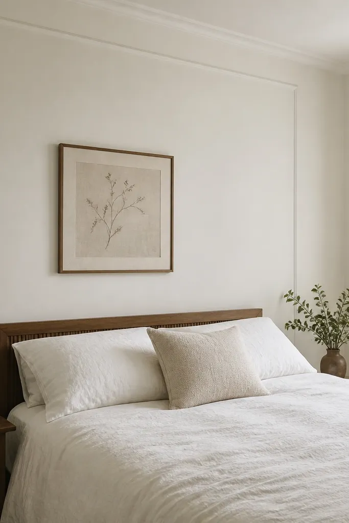 A small bedroom wall painted warm off-white with a subtle matte edge trim; the bed sits against the wall with white linen sheets and a single cream throw pillow.