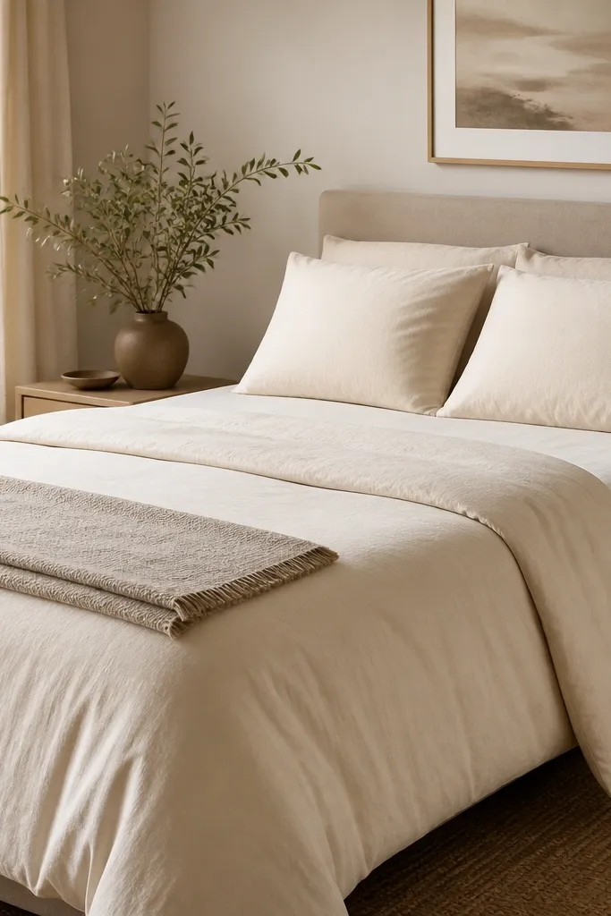 Bed dressed with cream duvet cover, off-white fitted sheet, and two matching pillowcases; a small oatmeal throw folded at the foot.