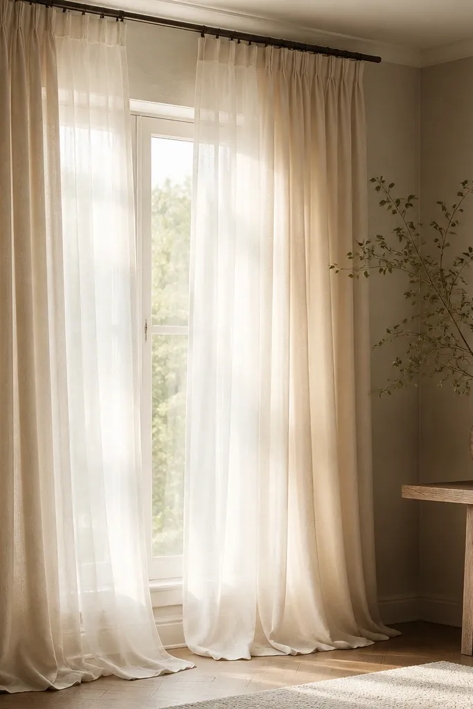 Sheer white curtains layered behind thicker cream drapes; the fabric pools slightly at the bottom of the window, with a simple rod and no visible hardware clutter.