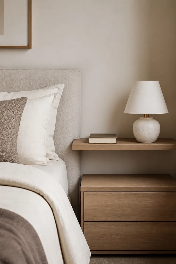 A narrow floating shelf beside the bed holding a small ceramic lamp and one book; below it, a closed drawer cabinet hides chargers and night items.
