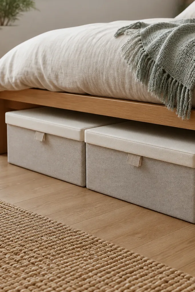 Two matching fabric bins with light-colored lids under a low bed frame; the edges align neatly and the floor stays visible around them.