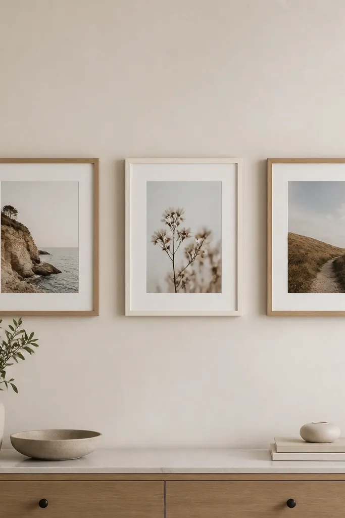 A small gallery wall above a dresser with three matte frames in off-white and light wood; spacing is even and there's empty wall around it.