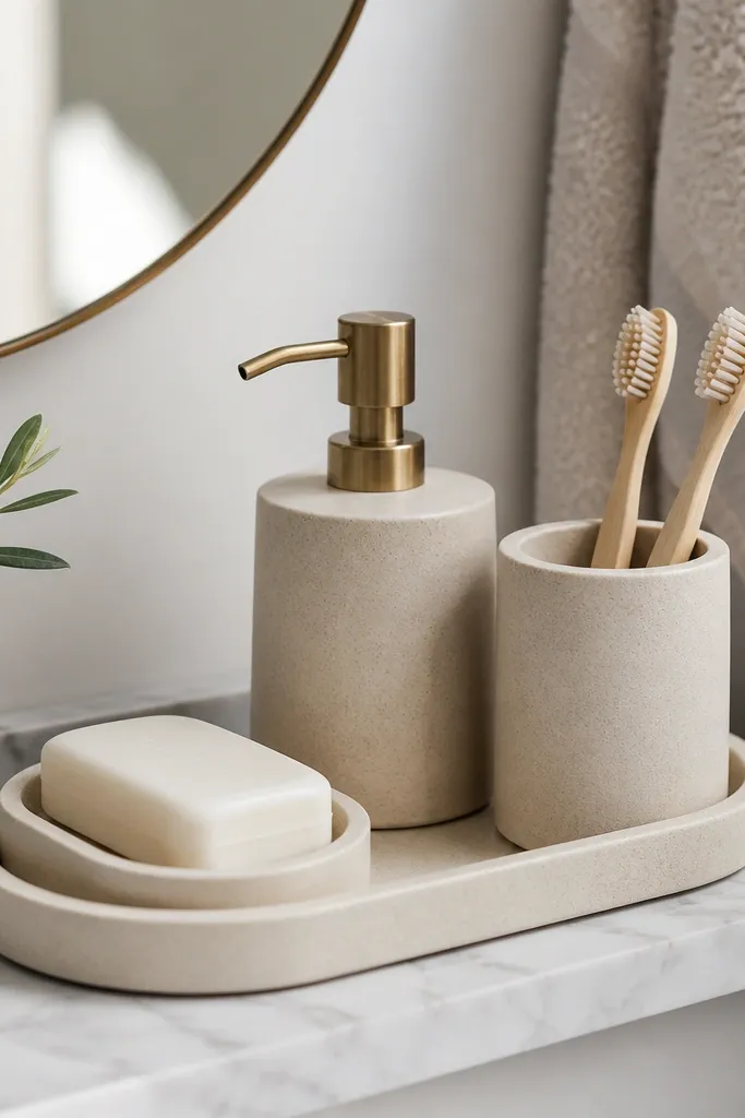 A small bathroom corner with a cream tray holding bar soap, a matching dispenser, and a toothbrush holder; everything sits on one cohesive tray.
